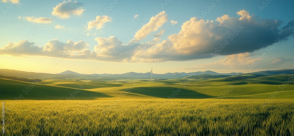 Fototapeta premium Sunset over rolling hills, wind turbine, wheat field