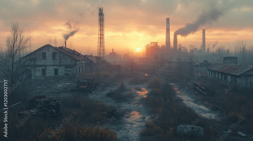 Obraz premium Sunset over polluted industrial town