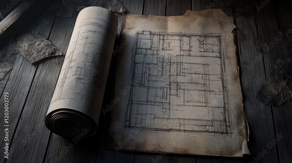 A blueprint rolled up beside an open sketchbook filled with architectural concepts. A blueprint rolled up beside an open sketchbook filled with architectural concepts.
