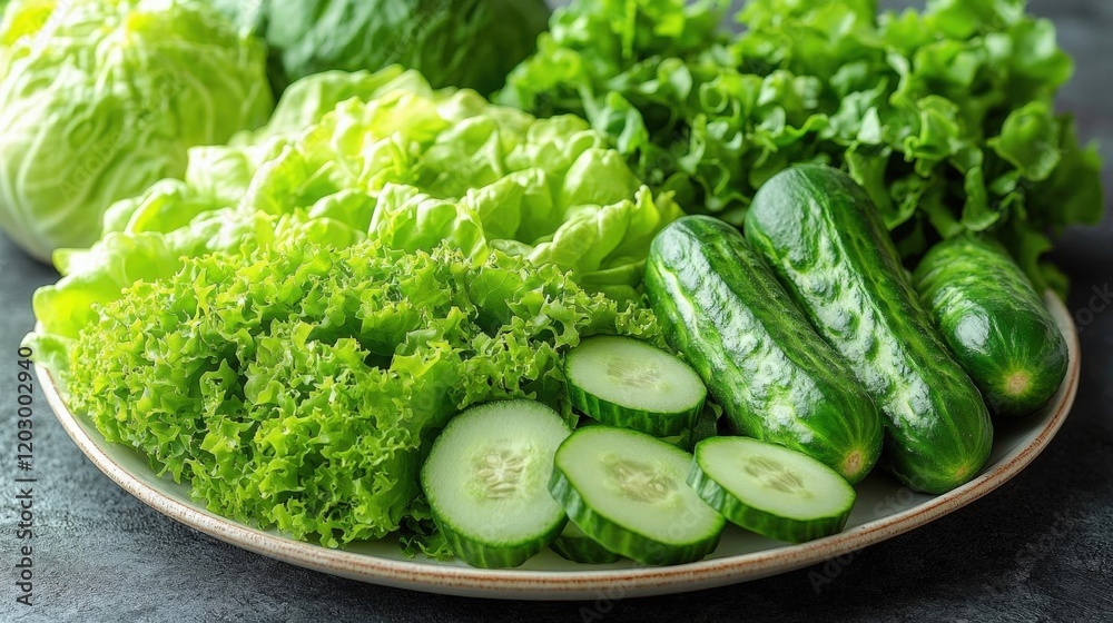 Assortment of Fresh Green Vegetables on a Plate: Cucumbers and Lettuce Assortment of Fresh Green Vegetables on a Plate: Cucumbers and Lettuce