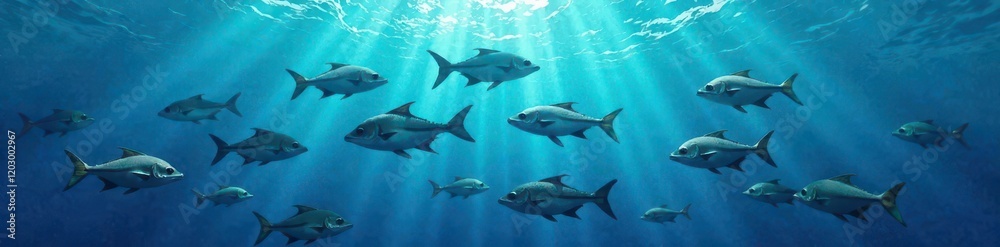 School of fish swimming together in the blue striped ocean, nature, ecosystem School of fish swimming together in the blue striped ocean, nature, ecosystem