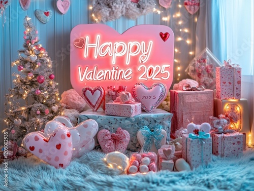 Romantic Valentine s Day 2025 Gift Scene with Neon Sign photo