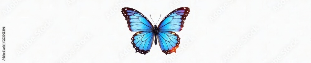 Obraz premium Single blue butterfly, multicolored accents, stark white background , detail, high-resolution