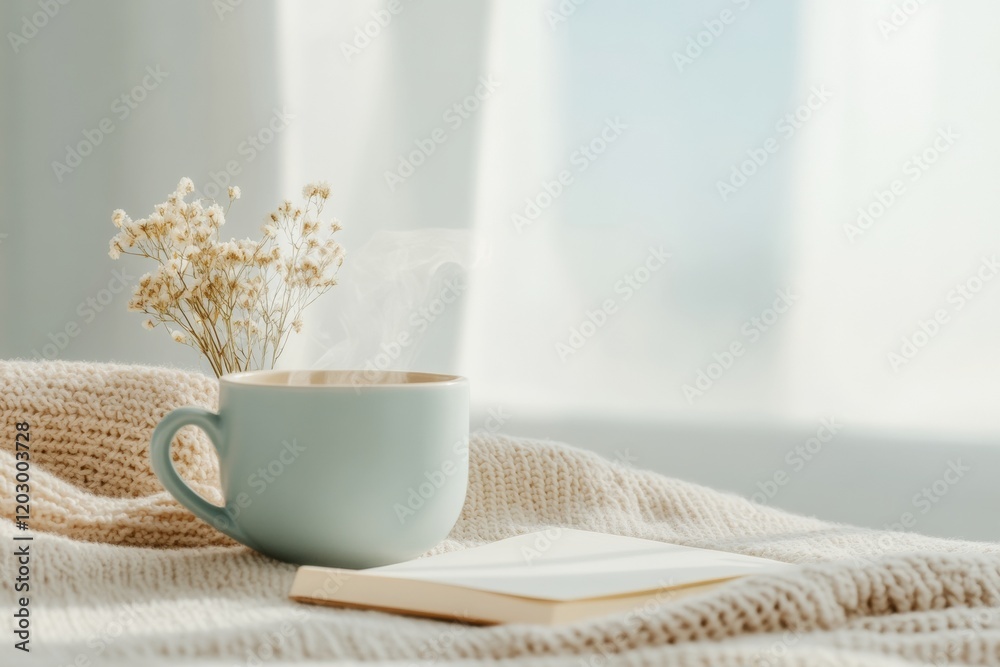 Chic Self-Care Nook Soft Knit Blanket, Herbal Steam Mug and Wildflowers - Mindful Wellness Content for Modern Interior Design and Personal Relaxation Spaces Chic Self-Care Nook Soft Knit Blanket, Herbal Steam Mug and Wildflowers - Mindful Wellness Content for Modern Interior Design and Personal Relaxation Spaces