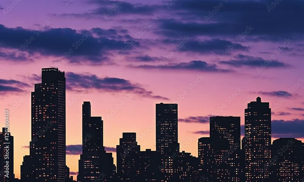 Silhouette of a vibrant city skyline at sunset with colorful clouds and glowing windows, creating a serene urban atmosphere Silhouette of a vibrant city skyline at sunset with colorful clouds and glowing windows, creating a serene urban atmosphere