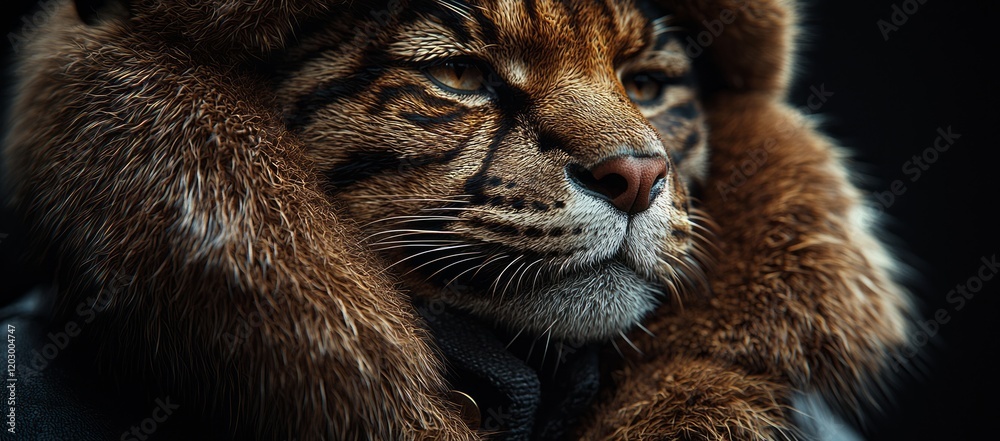 Naklejka premium Bobcat portrait, winter fur, dark background. Wildlife photography for nature magazines