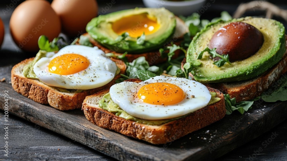 Aromatic fried eggs with creamy avocado on wholemeal toast Aromatic fried eggs with creamy avocado on wholemeal toast