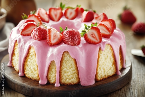 Fresh strawberry bundt cake with pink glaze	