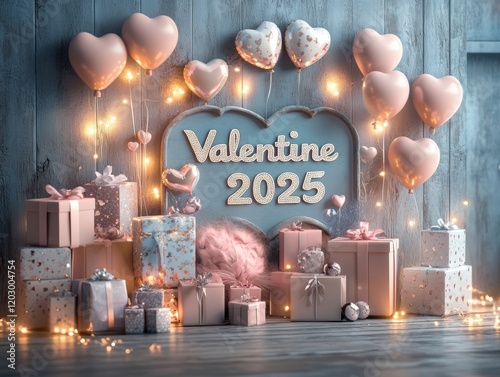 Romantic Valentine s Day 2025 Gift Scene Presents Balloons Lights photo