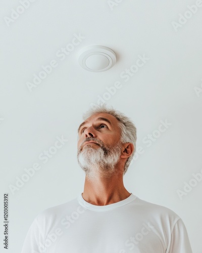 Modern Safety Aesthetics Silver-Haired Man Engaged with Ceiling-Mounted Smoke Detector in Minimalist White Interior - Home Safety Solutions and Maintenance Awareness for Family Security photo