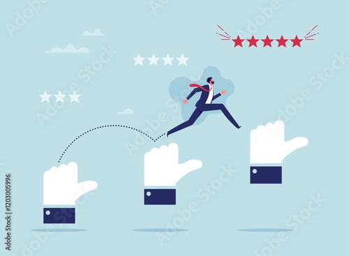 Businessman jump on rising thumb up hands to reach five star. Review and compliment business concept