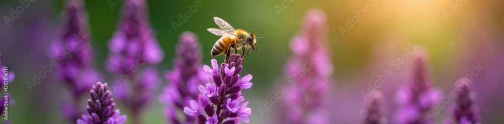 Yellow bee soars above vibrant purple flowers, wings, yellow Yellow bee soars above vibrant purple flowers, wings, yellow