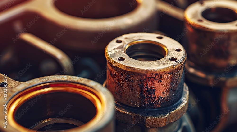 Close-up of connecting rod bearings being lubricated during piston replacement. Close-up of connecting rod bearings being lubricated during piston replacement.