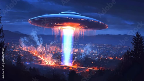 animation clip illustration of UFO invade on urban city 