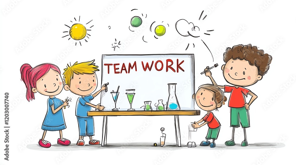 Kids collaborating on a science project with teamwork theme, colorful illustration. Kids collaborating on a science project with teamwork theme, colorful illustration.