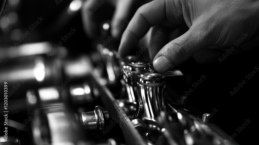 Fototapeta premium Hands carefully placing a piston into the engine block using proper alignment techniques.