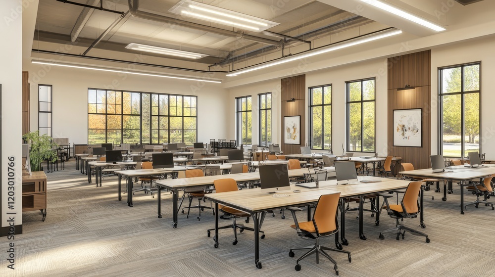 High-tech modern workspace with shared tables, large computer monitors, and state-of-the-art equipment. High-tech modern workspace with shared tables, large computer monitors, and state-of-the-art equipment.