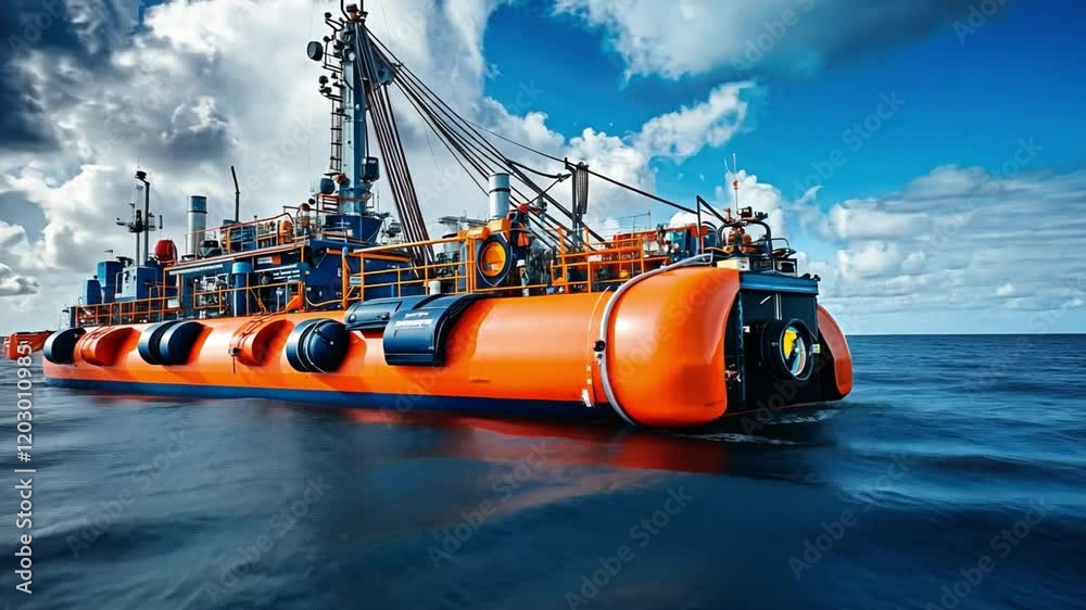 A large orange boat is floating in the ocean A large orange boat is floating in the ocean