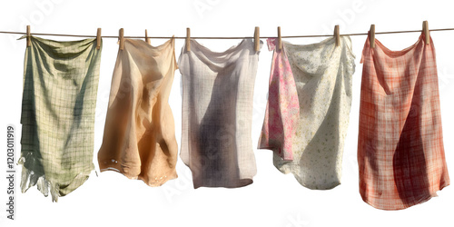 Drenched clothes hanging on the line isolated on a transparent background