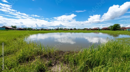 Tranquil lake reflecting blue sky