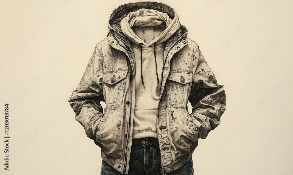 Fototapeta premium Graphite drawing: hooded jacket, hoodie, jeans.
