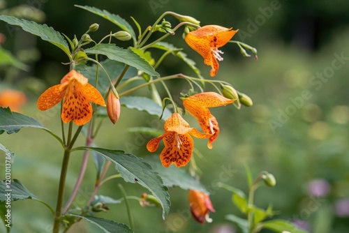 Close-up shot of orange jewelweed flowers with prominent stamens and pistils, anemone family, orange jewelweed, floral texture, natural history photography photo