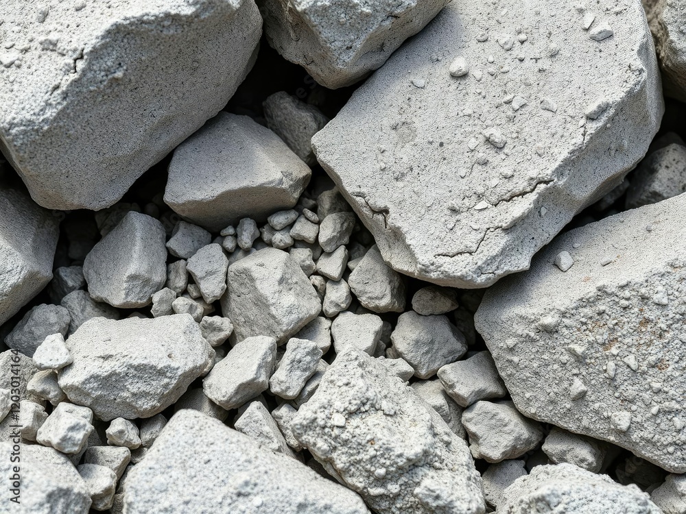 Close-up shot of concrete rubble with exposed aggregate and uneven textures, irregular shapes, crushed stone, concrete aggregate Close-up shot of concrete rubble with exposed aggregate and uneven textures, irregular shapes, crushed stone, concrete aggregate