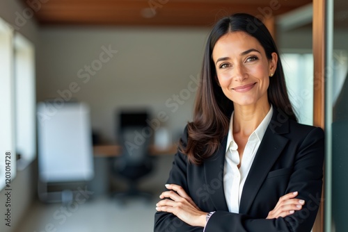 Confident Businesswoman Standing in Modern Office with Arms Crossed, Showcasing Professionalism and Elegance in a Corporate Environment Free Download Confident Businesswoman Standing in Modern Office with Arms Crossed, Showcasing Professionalism and Elegance in a Corporate Environment - GFXLoad