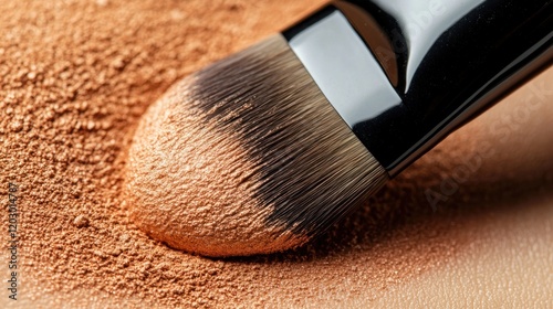 Makeup brush applying bronze colored powder eyeshadow photo