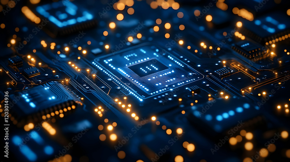 Close-up of a glowing microchip on a circuit board, representing advanced technology and innovation in computing Close-up of a glowing microchip on a circuit board, representing advanced technology and innovation in computing