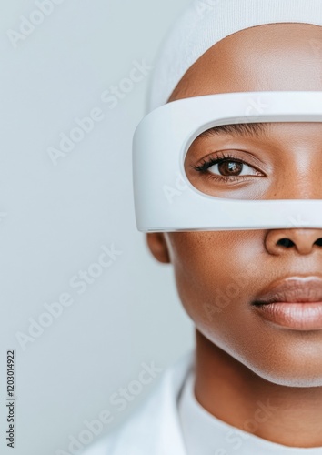 Contemporary Eye Care African American Man with Autorefractor, Minimalist Clinic Design - Enhancing Patient Experience, Advanced Diagnostics in Modern Ophthalmology photo