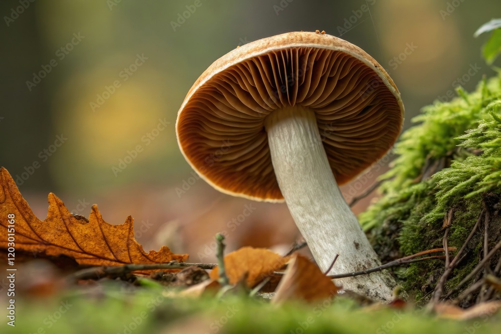 Fototapeta premium Close-up of psilocybe cubensis mushroom cap and gills, macro photography, mushrooms, tree trunk, wild growth