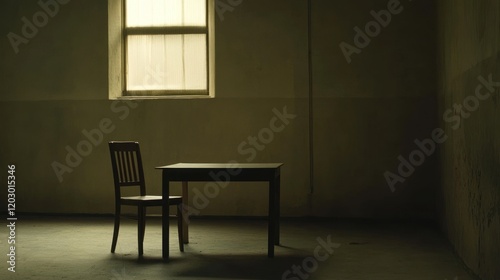 Wallpaper Mural Solitary Confinement: A Chair and Table in an Abandoned Room Torontodigital.ca