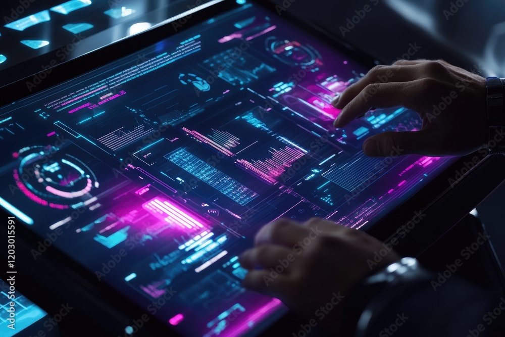 Hands on a Futuristic Touchscreen Display Analyzing Data and Charts Hands on a Futuristic Touchscreen Display Analyzing Data and Charts