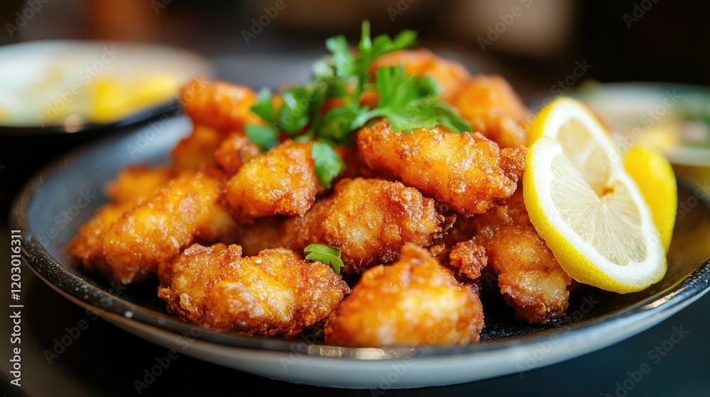 A plate of golden brown breaded fried cutlets garnished with fresh parsley rests on a rustic wooden table. A plate of golden brown breaded fried cutlets garnished with fresh parsley rests on a rustic wooden table.