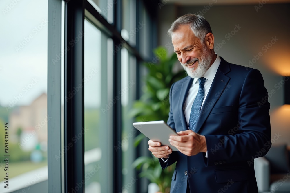 Confident Senior Businessman Engaging with Digital Tablet while Standing by Modern Window in Luxurious Office Environment Confident Senior Businessman Engaging with Digital Tablet while Standing by Modern Window in Luxurious Office Environment