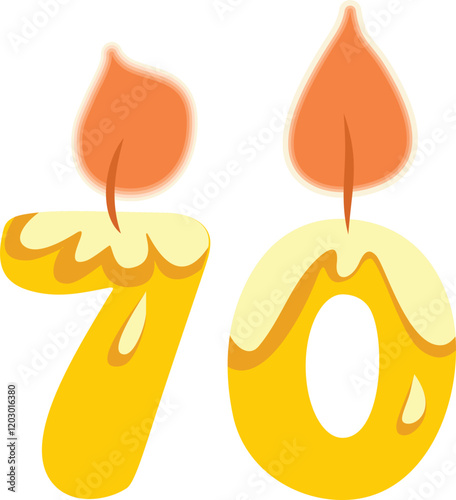 Number Seventy Shaped Candle Vector Cartoon Design Illustration. Numerical designed celebratory decor for birthday event 
