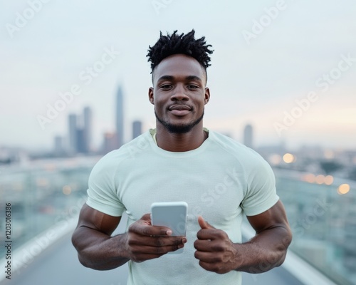 Urban Fitness Motivation Young Black Man, 30, Embracing Sunrise Cityscape for Goal Setting and Growth - Digital Personal Development and Wellness Insights photo