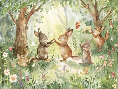 Woodland critters dance in a watercolor woodland gathering. photo