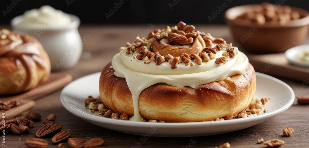 Cinnamon bun on a round plate, topped with a creamy mascarpone cheese spread and sprinkled with chopped nuts, sweet treat, mascarpone cheese, breakfast dish Cinnamon bun on a round plate, topped with a creamy mascarpone cheese spread and sprinkled with chopped nuts, sweet treat, mascarpone cheese, breakfast dish