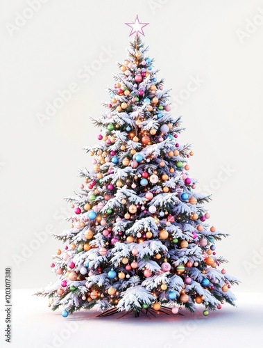 Christmas tree adorned with ornaments and covered in snow, ornaments, decoration