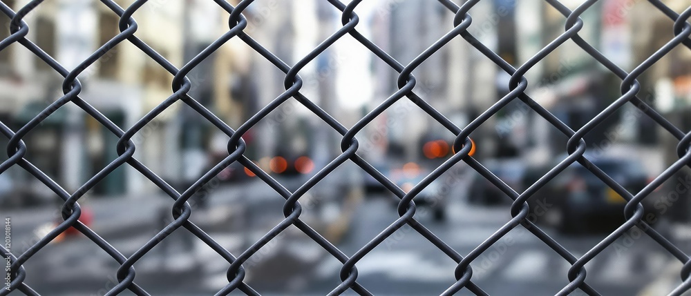 Chain link fence with blurry urban background, chain, protection, cityscape Chain link fence with blurry urban background, chain, protection, cityscape