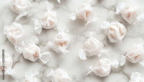 Delicate White Candies Wrapped in Cellophane on Marble