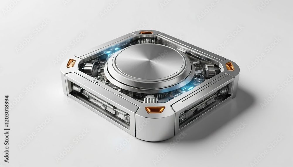 Fototapeta premium Futuristic, metallic square device with intricate inner workings.