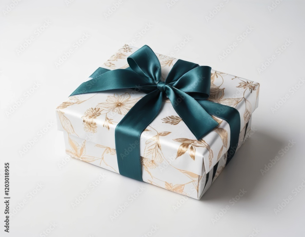 Fototapeta premium Elegant Teal Ribbon Gift Box with Gold Floral Design
