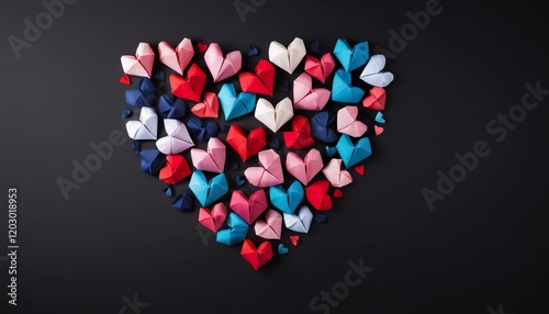 Colorful origami hearts arranged in a heart shape on a dark background.