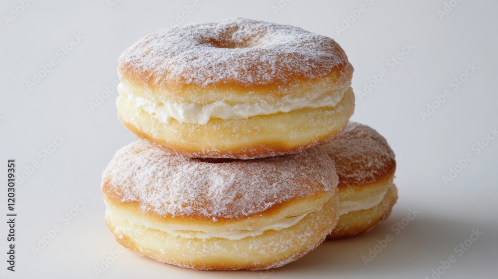 Three delicious cream-filled donuts dusted with powdered sugar on a plain background