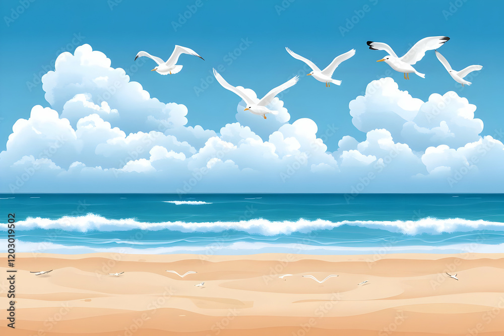 Beach Scene Illustration: Seagulls and Summer Sky Beach Scene Illustration: Seagulls and Summer Sky