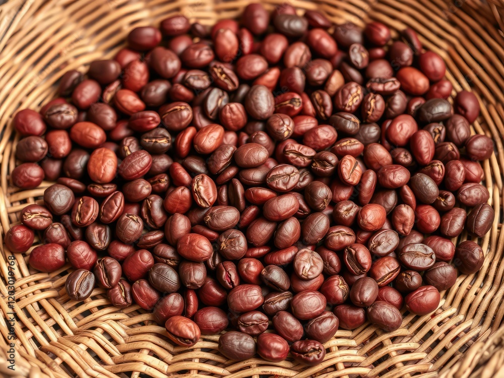 Bright red to dark brown dry fermented cocoa beans scattered on a wicker woven bamboo tray, fermented, wicker weave, dried Bright red to dark brown dry fermented cocoa beans scattered on a wicker woven bamboo tray, fermented, wicker weave, dried