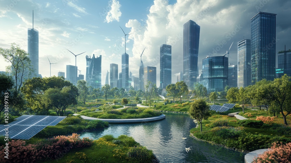 Obraz premium A vibrant city park in an eco-conscious area, surrounded by futuristic skyscrapers with reflective solar glass and wind turbines on rooftops.